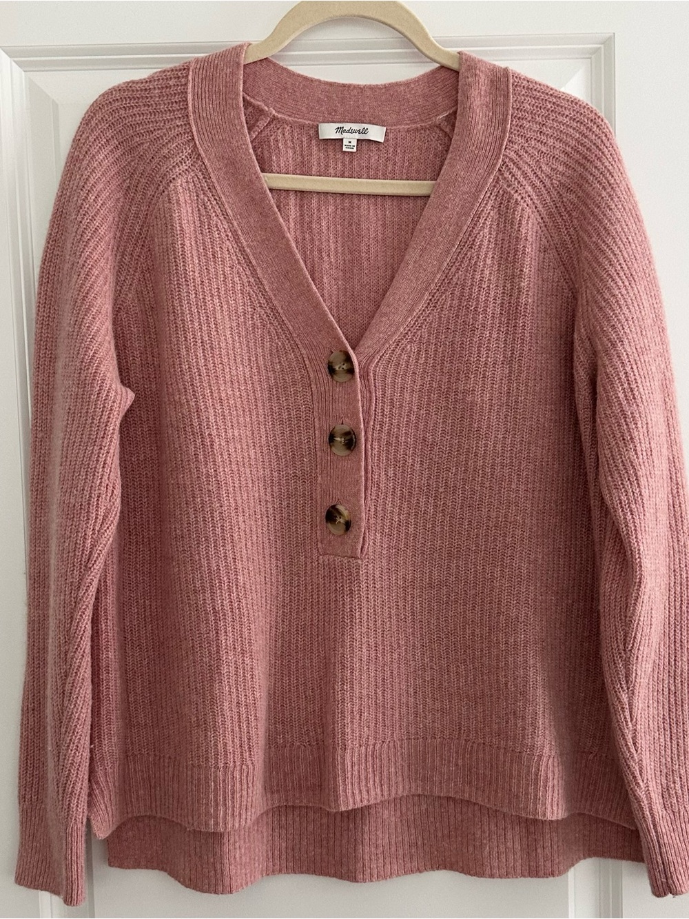 Madewell Merino Wool Pink V-Neck Button Front Lyle Rib Henley Pullover Sweater